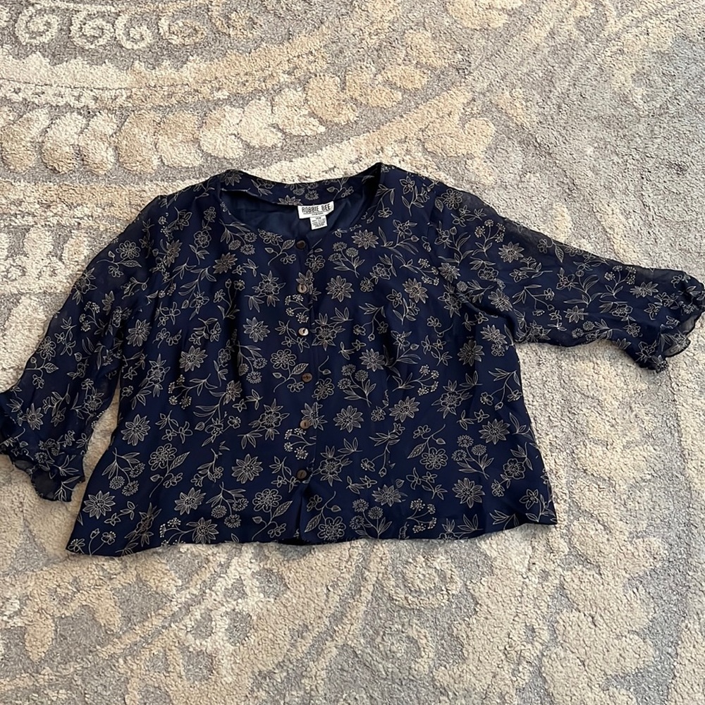 Robbie Bee Woman navy floral blouse and skirt set, size 14 W EUC!